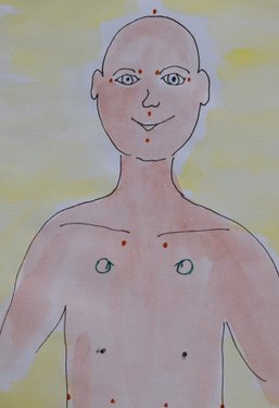 Billede tegnet af Benthe D. M. Bagshaw, der viser punkterne på ansigt og torso hvor man bruger 'tapping' i tankefeltterapi.